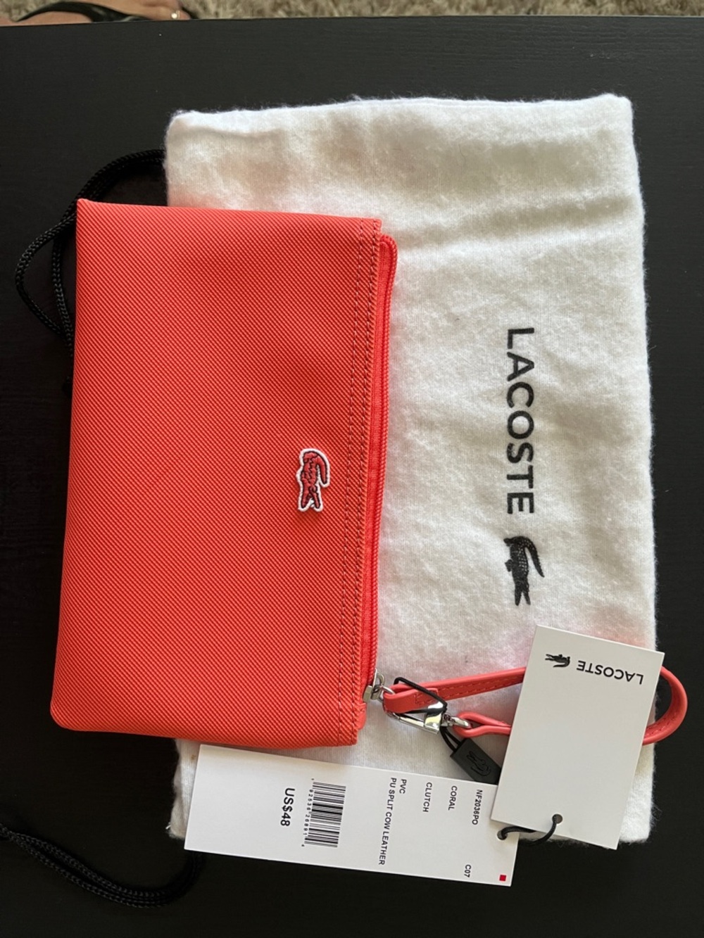 Lacoste Coral Red Crossbody Clutch with Wrist Strap
